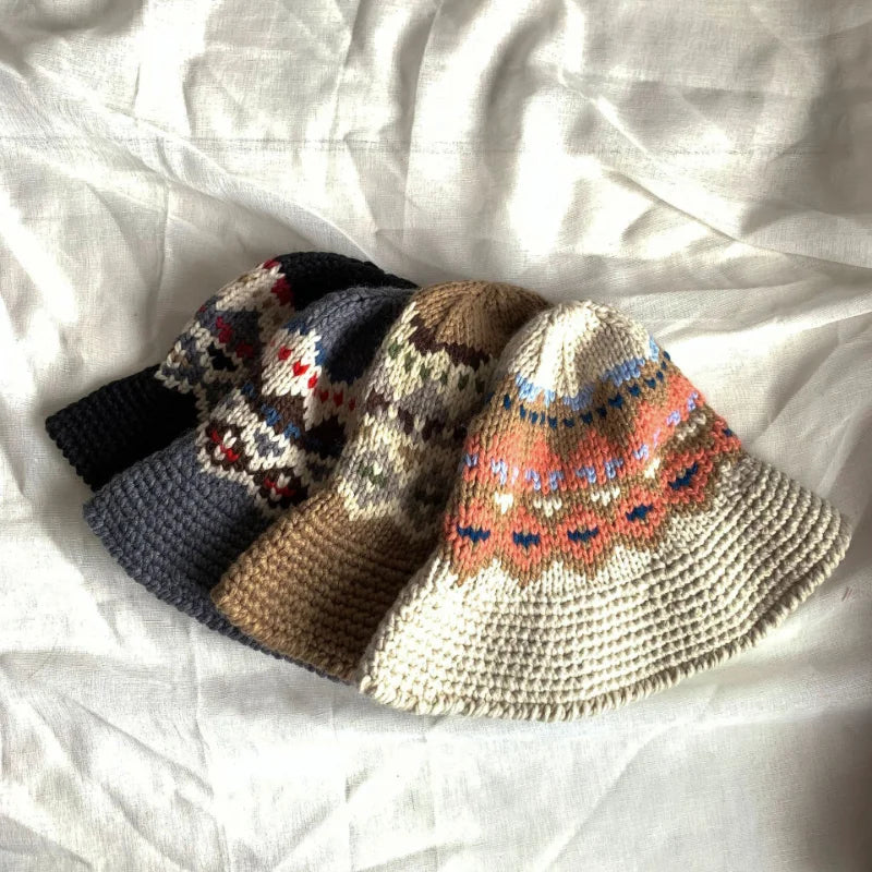 Female Knitting Bucket Hats Harajuku Bucket Hat Fishing