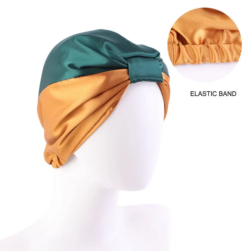 Women Stretch Silk Imitation Nightcap Fashion Color Contrast