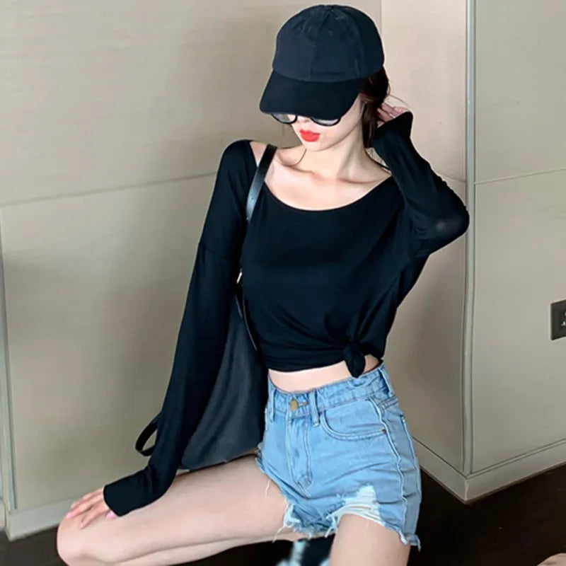 Womens Hollow Backless Long Sleeve Loose T-Shirt Tops