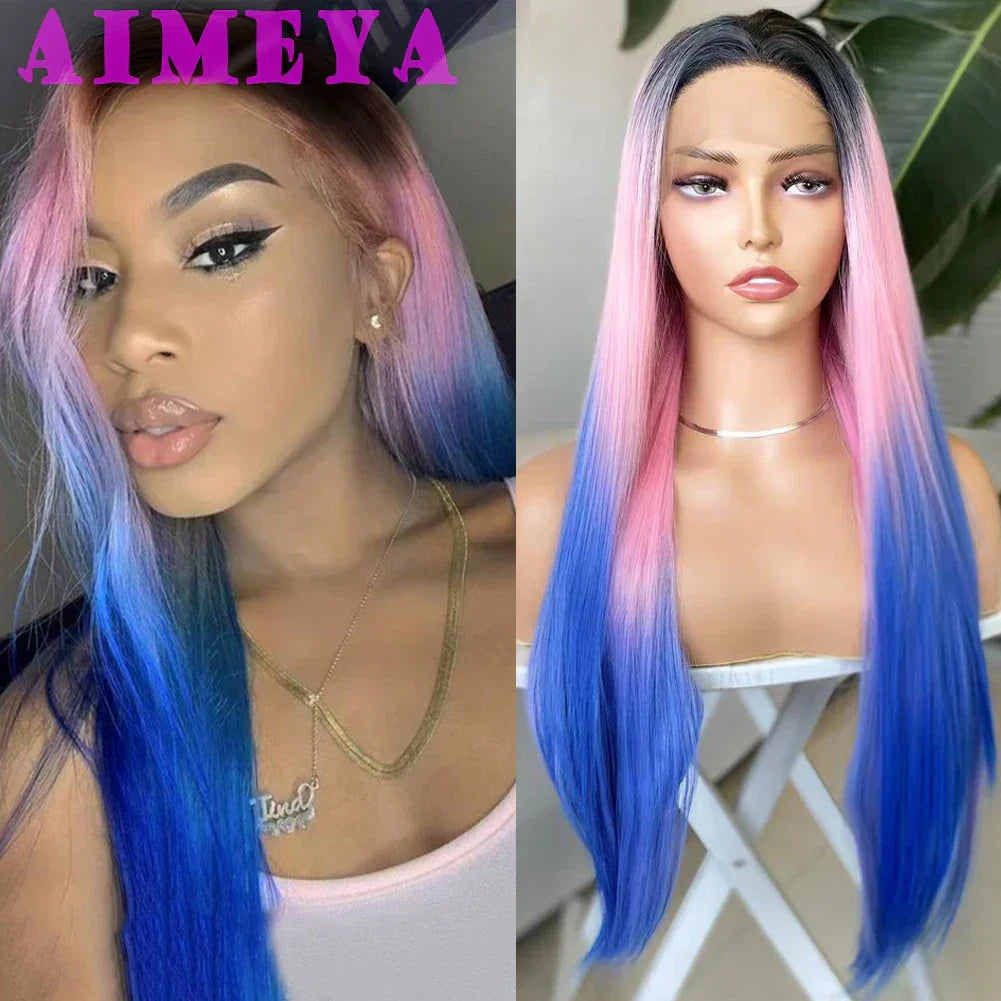 AIMEYA Ombre Blue Synthetic Lace Front Wigs for