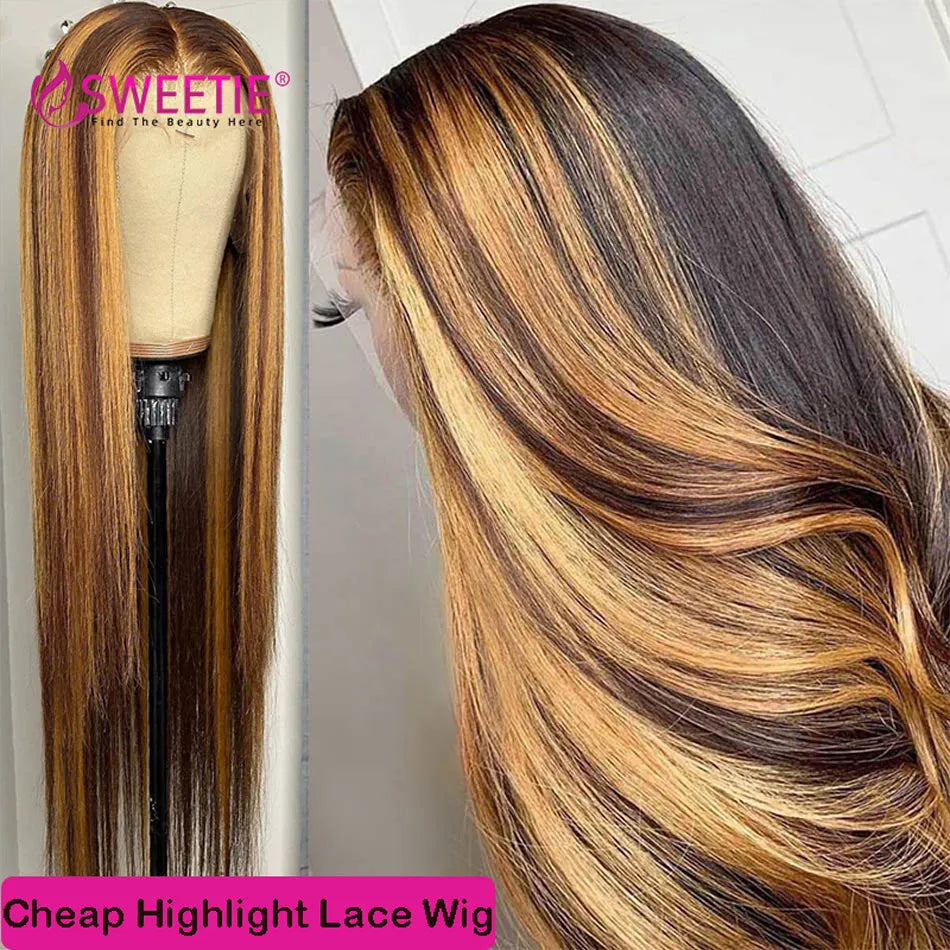 34Inch Bone Straight Highlight Lace Front Human Hair