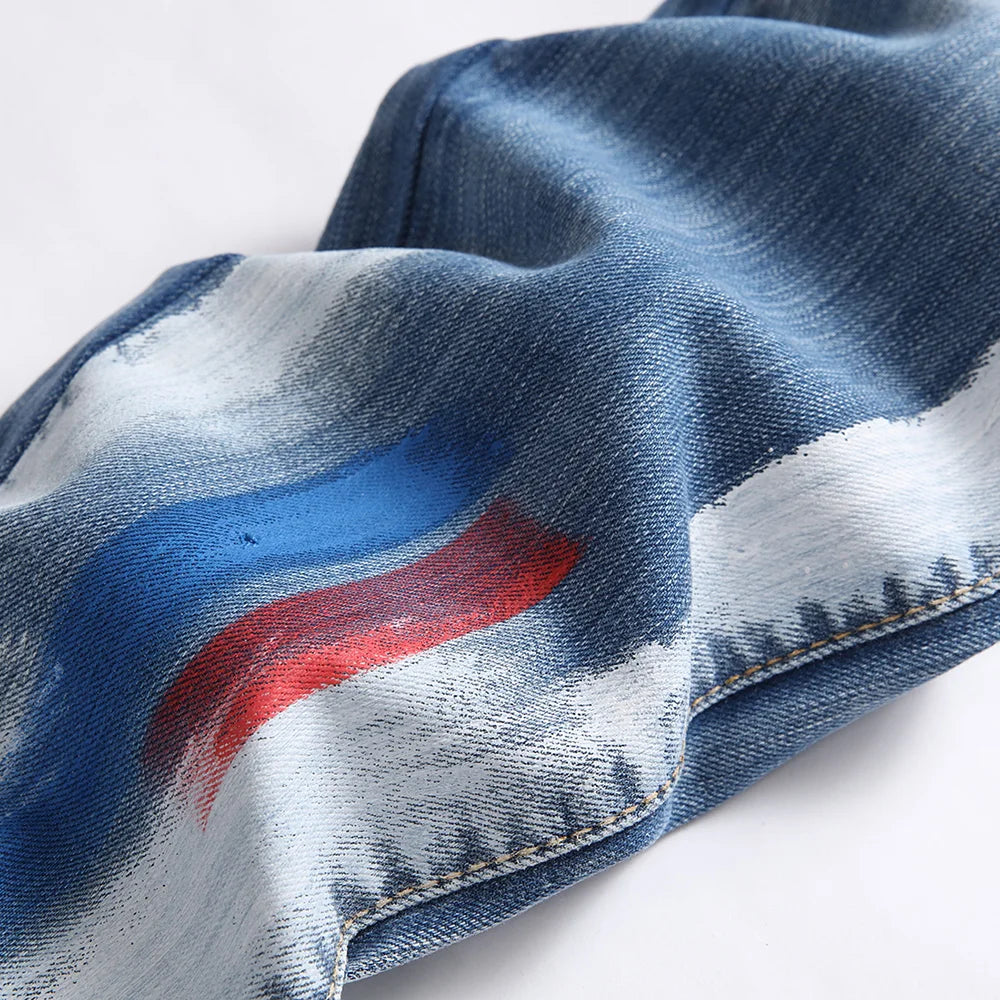 Men's Painted Button Fly Denim Jeans Streetwear Blue