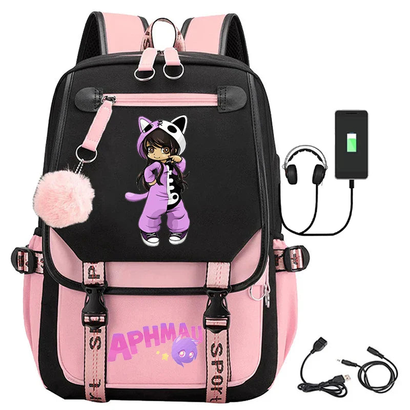 Fashion Aphmau Print Backpacks Teenage Usb Charging Rucksack