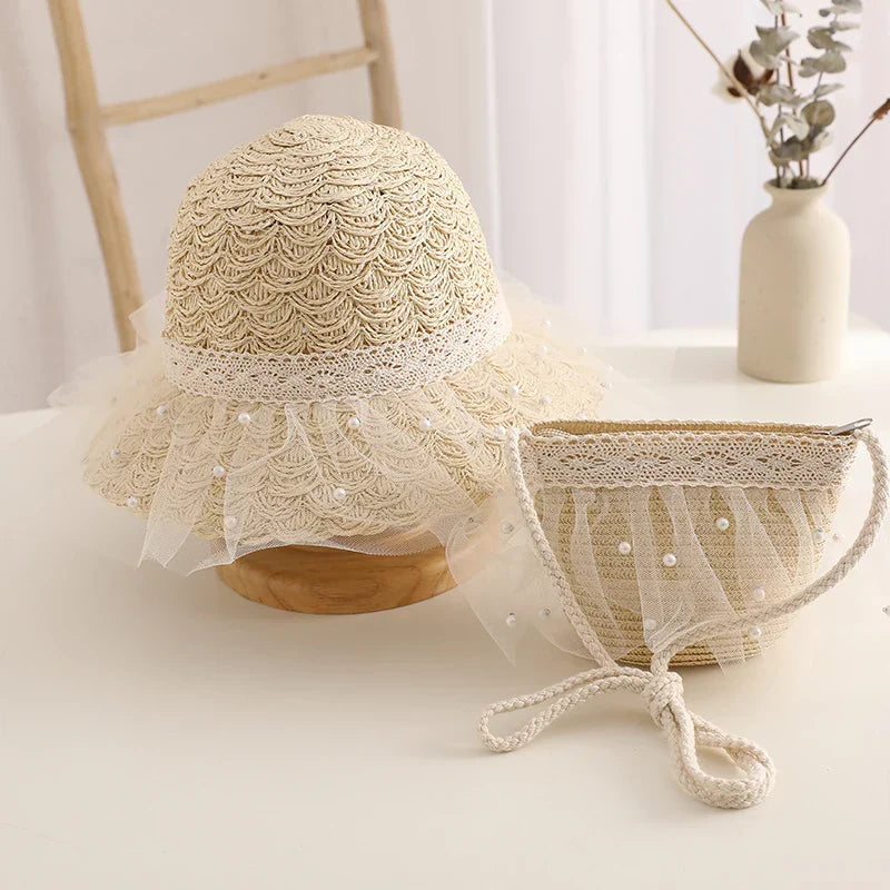 Kids Girls Straw Hat Handbag Set Wide Brim Lace Bow Sun Protection Cap Summer Beach Bucket Cap Portable Handbag панама Gorras