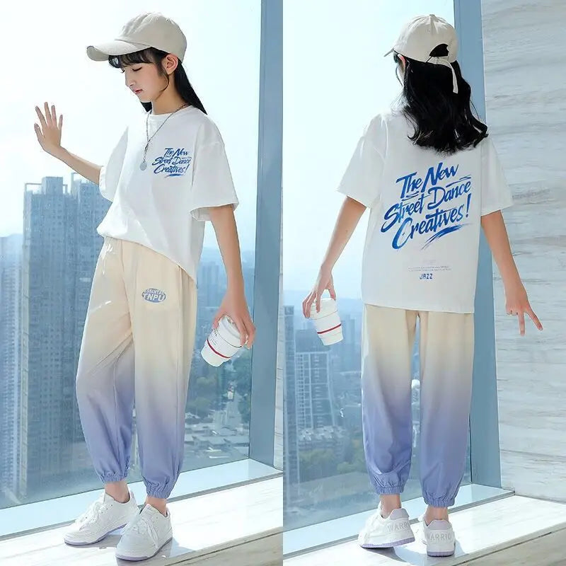 Girls Summer Trend Sports 2pcs Ice Silk T-shirts+Ninth