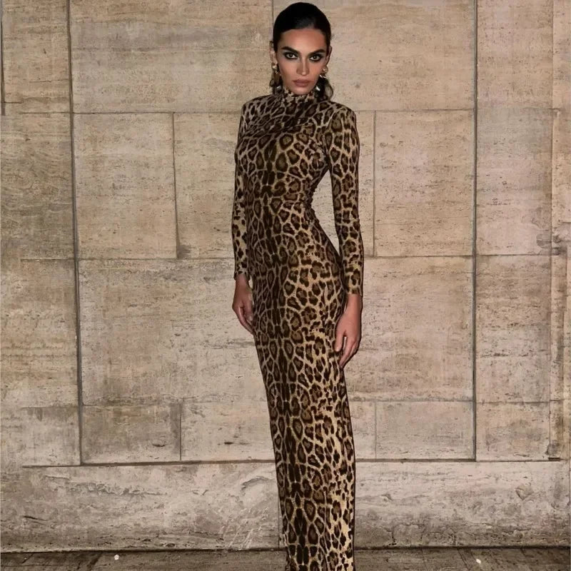 Sexy Leopard Print Dress Women Long Sleeve Turtleneck