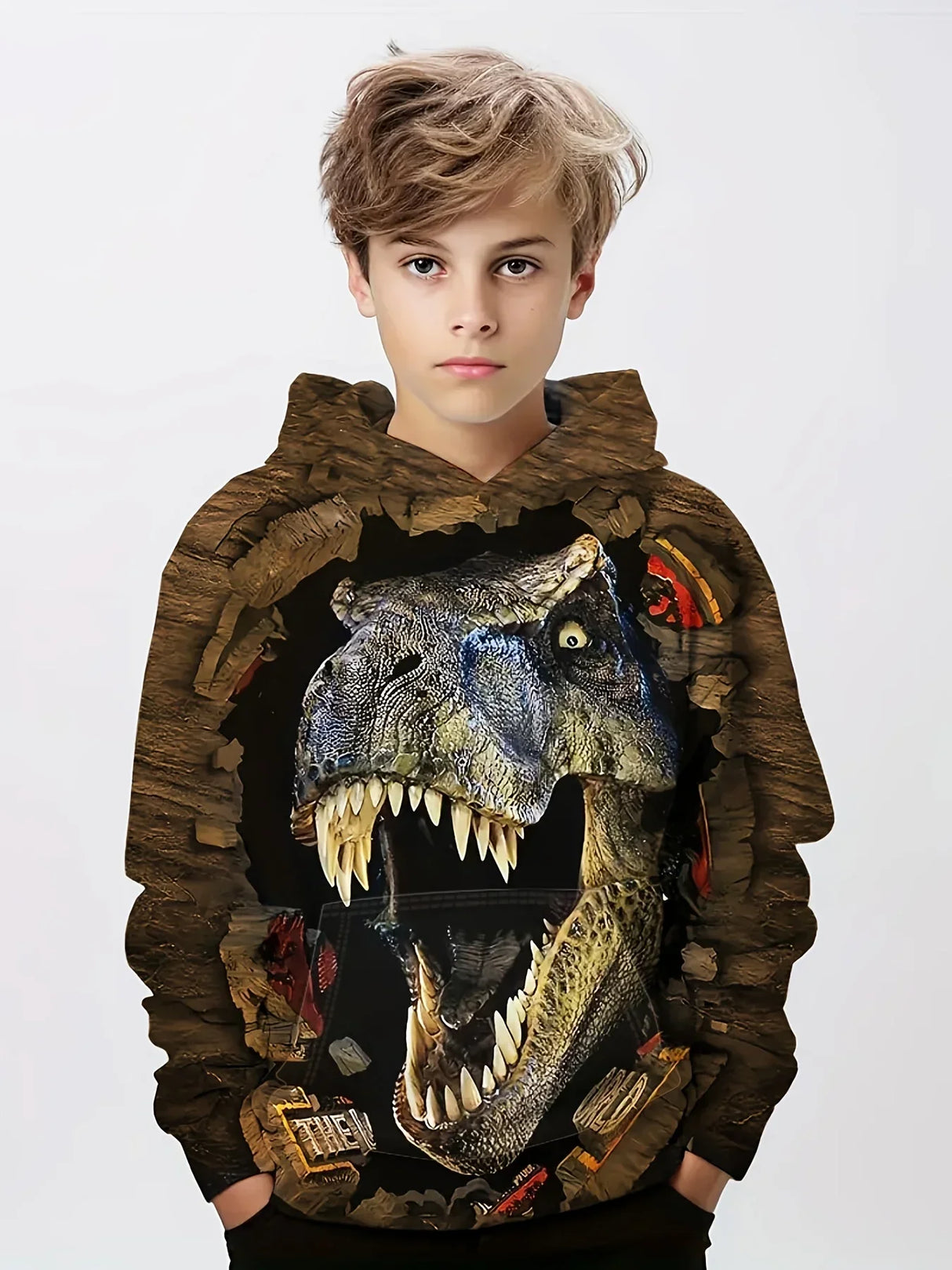 3D Dinosaur Pattern Kid's Hoodie, Trendy Long Sleeve
