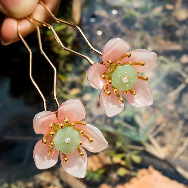 1pair Chinese Hanfu Hair Accessories Red Flower Hairpins