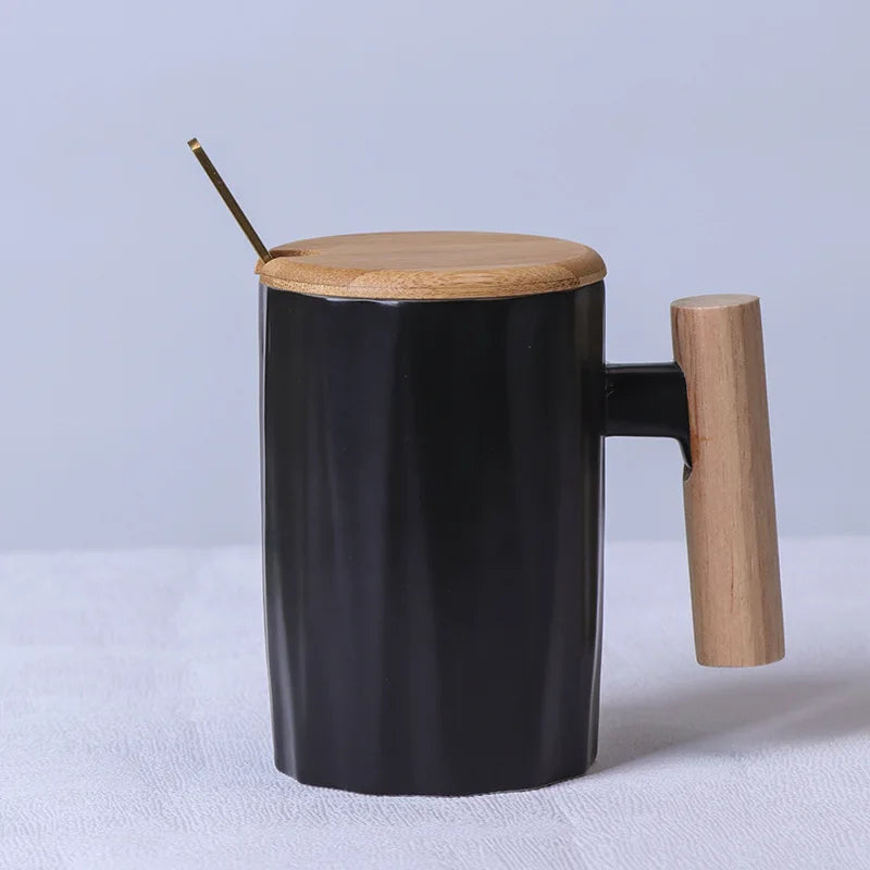 Nordic Wooden Handle Ceramic Porcelain Mug Coffee Cups