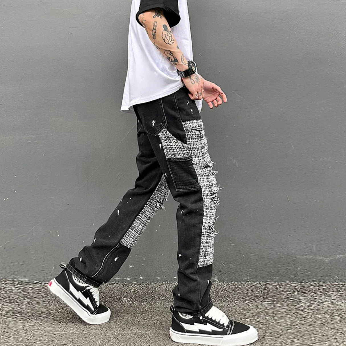 Black White Checkered Patchwork Straight Leg Denim Trousers