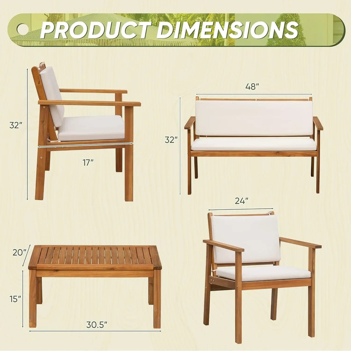 Patio Furniture Outdoor Acacia Wood Conversation Sofa Set