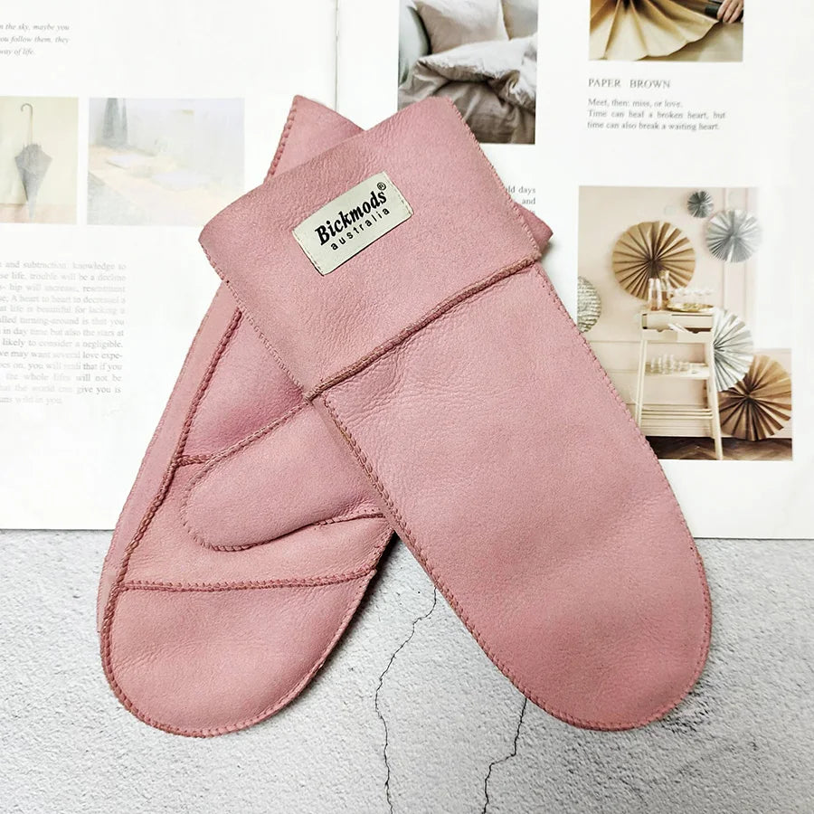 Sheepskin Fur Mittens Women's Leather Wool Color Winter