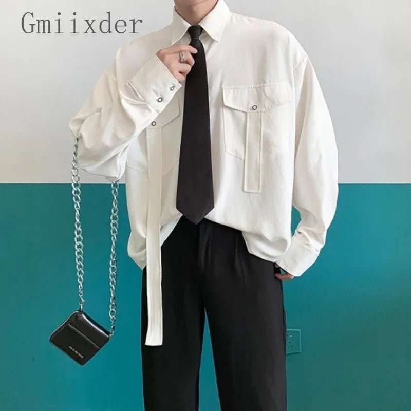 Gmiixder Cargo Long-sleeve Shirt with Tie Men's Oversize