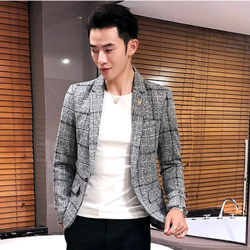 2023 New Men's Casual Plaid Suit Jacket Male