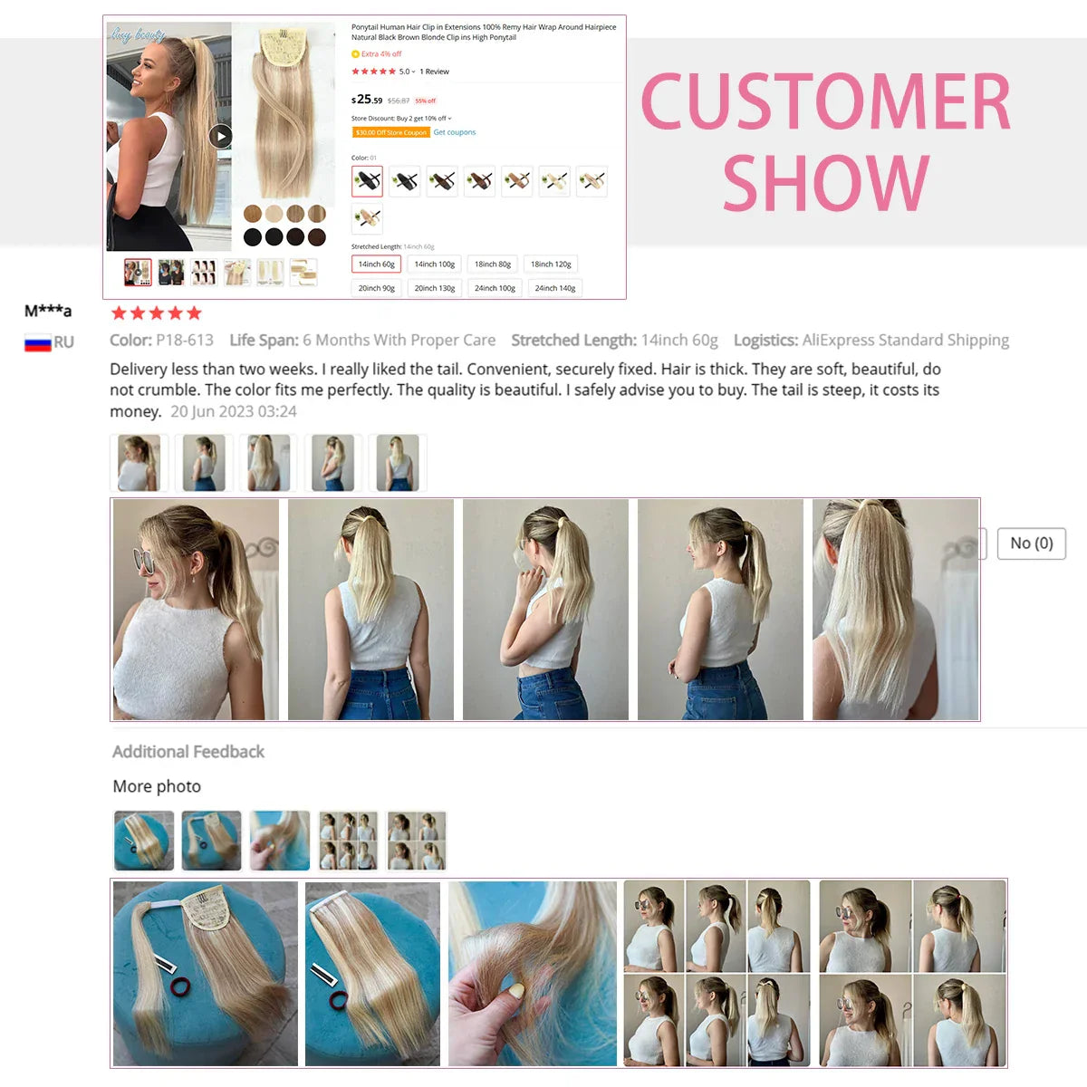 Ponytail Human Hair Clip in Extensions 100% Remy