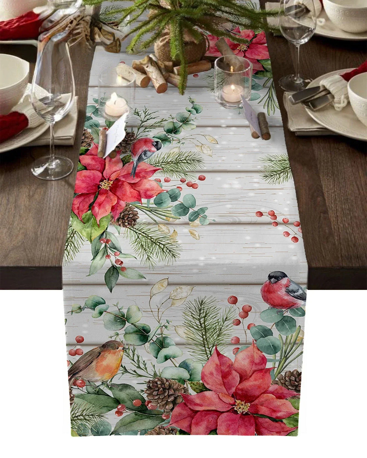 Modern Elegant Table Runner Eucalyptus Berries Robin Table