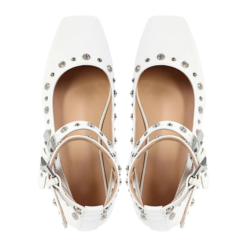 Onlymaker Women White Square Toe Buckle Strap Mary