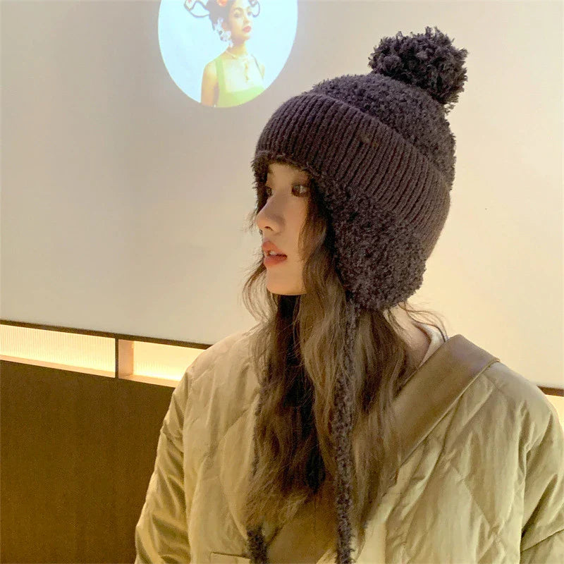 Women Pompom Ear Warmer Bonnet Fleece-lined Ear Protection
