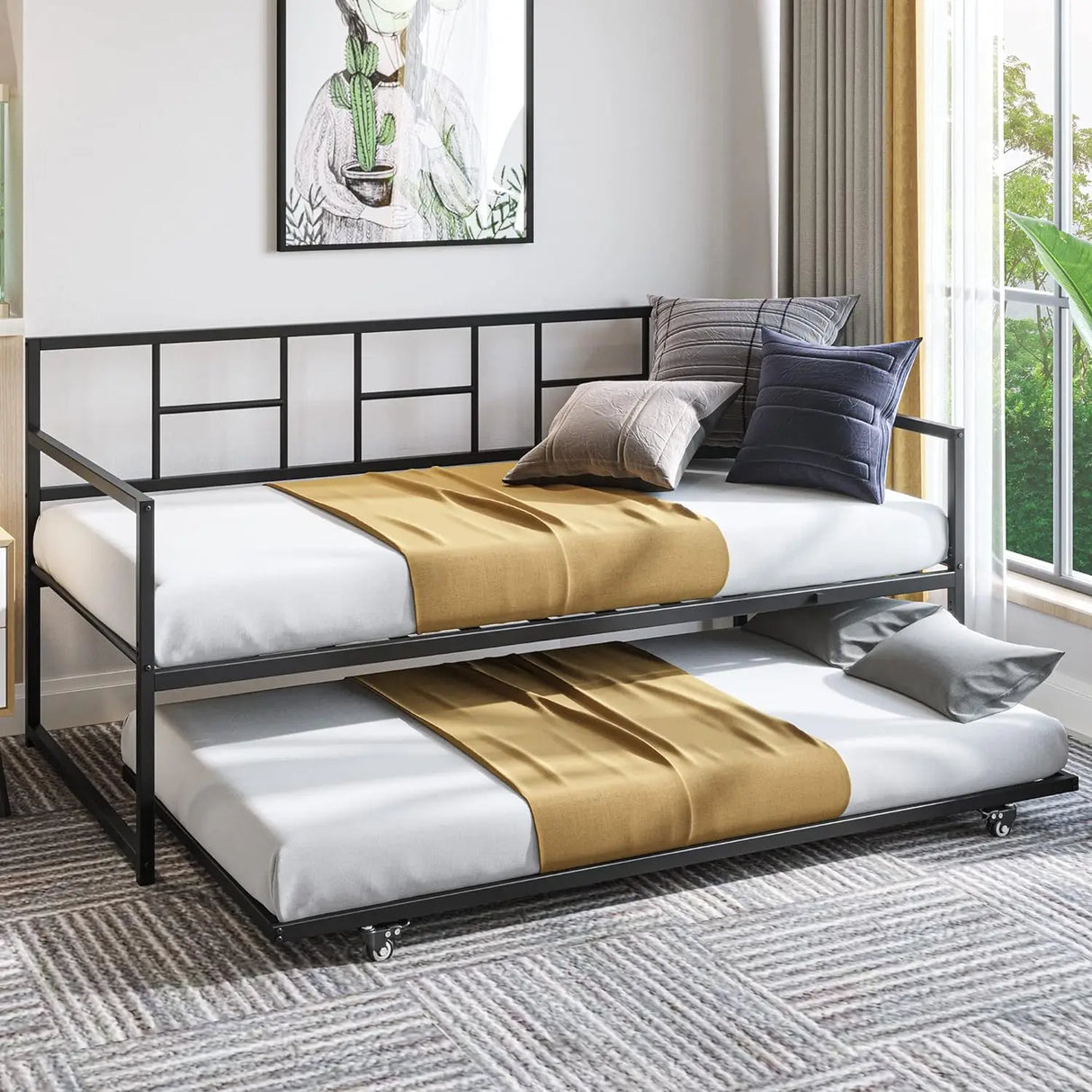 Twin beds with pull-out rests, steel plate supports,