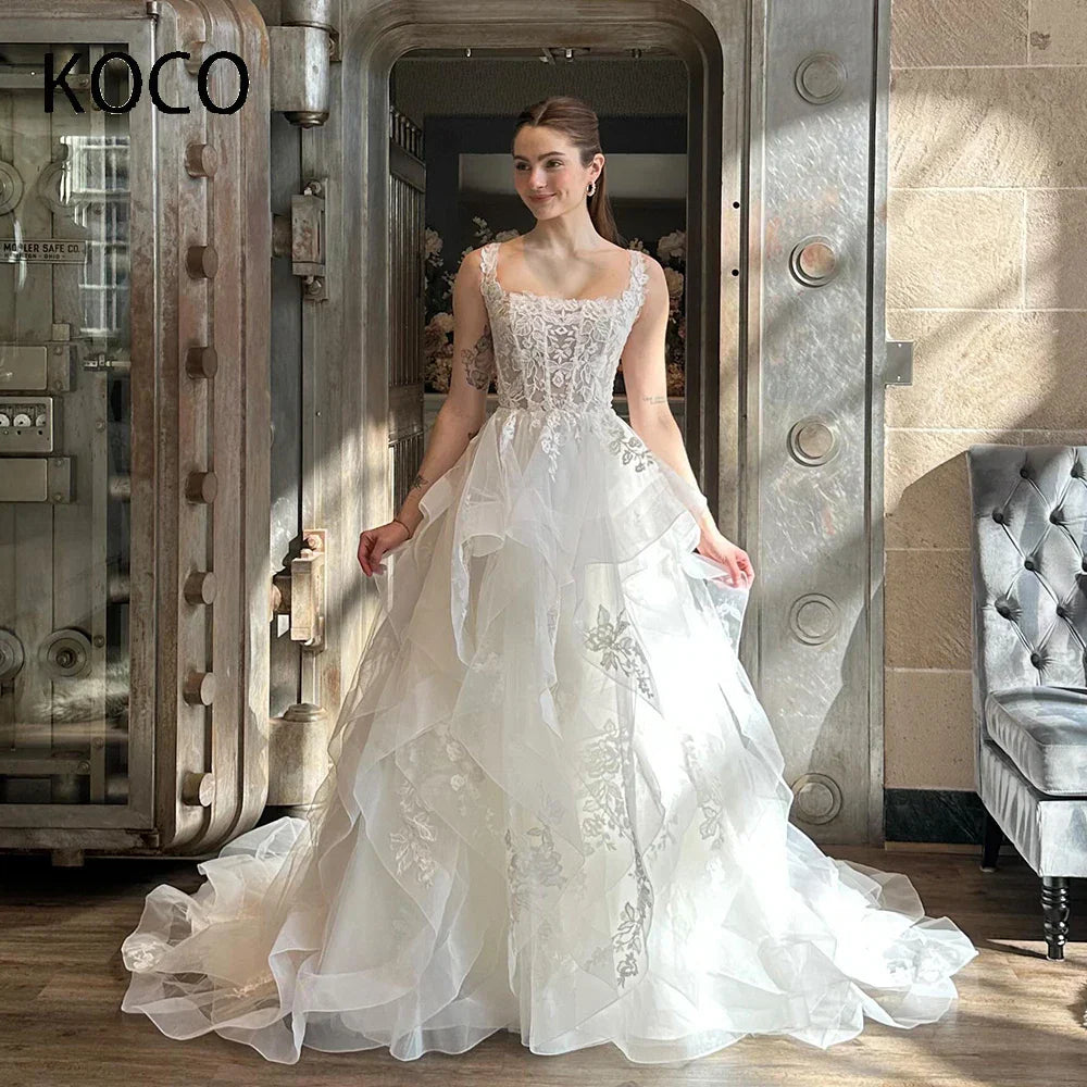 MACDOUGAL Pleat Square Collar Wedding Dress Aline Bridal