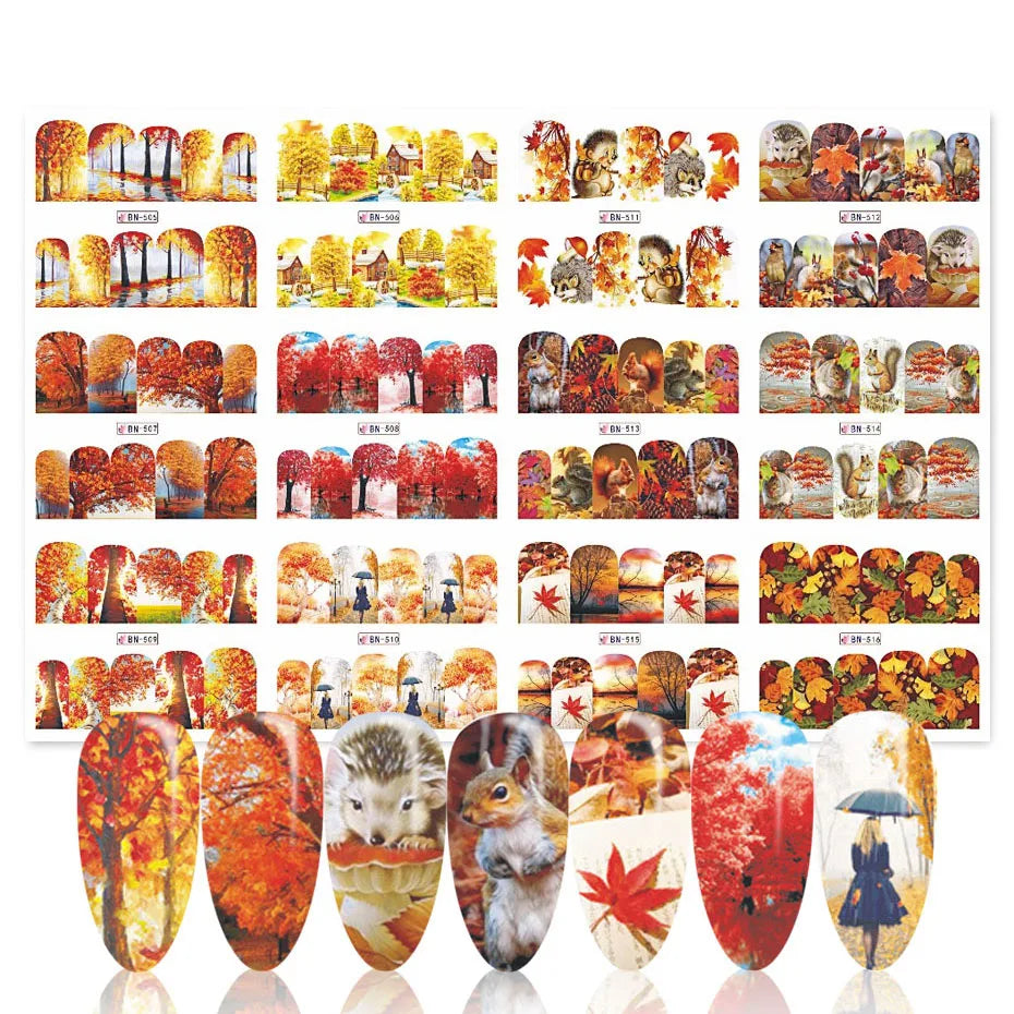 12pcs Hedgehog Animal Nail Water Stickers Pine Cones