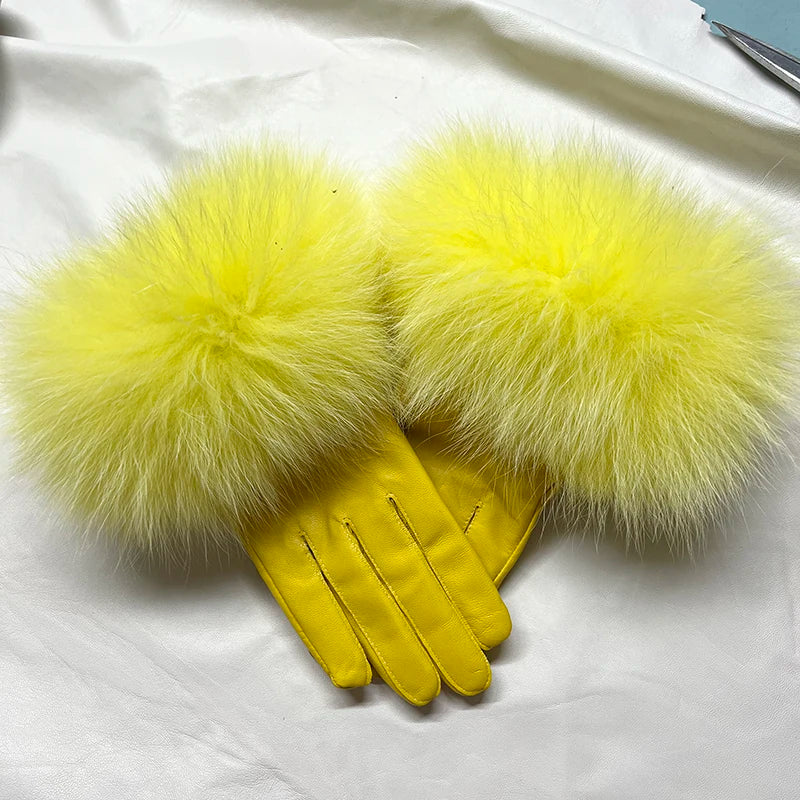 Real Sheepskin Fox Fur Gloves Women's Genuine Leather