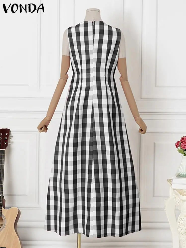 VONDA Plus Size 5XL Bohemian Plaid Sundress 2023