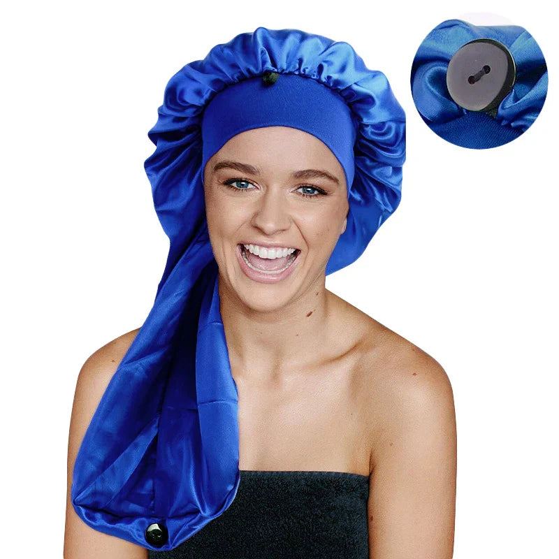 Satin Long Nightcap Wide Edge Adjustable Bonnet Women