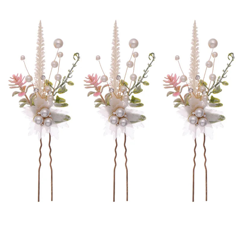 3PCS Flower Hairpin Bride Headdress For Women Pearl