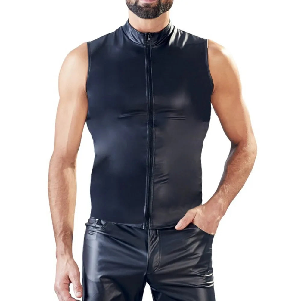 Mens PU Leather Tank Tops Sleeveless Zip TShirt