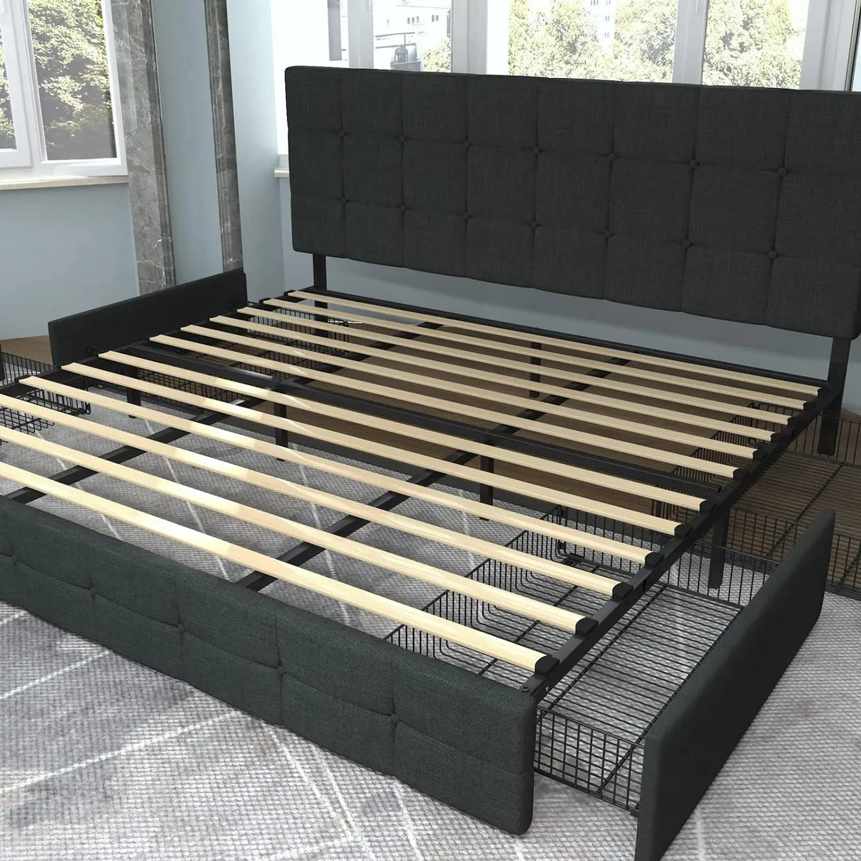 Allewie-Upholstered Queen Size Platform Bed Frame, 4 Storage