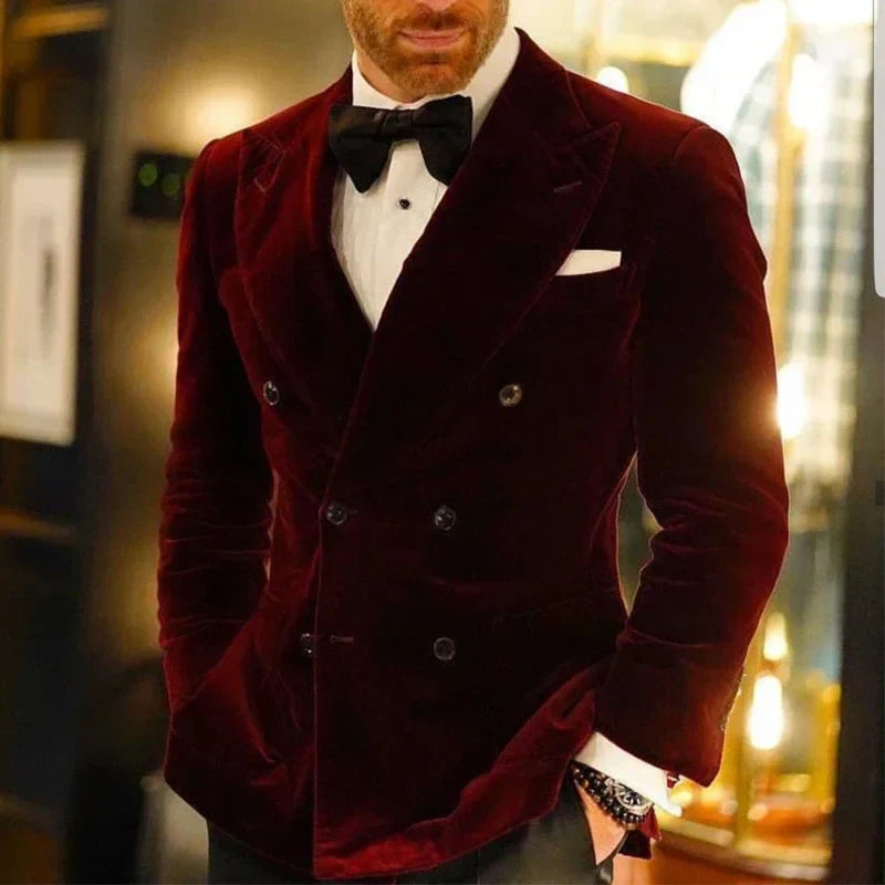 Velvet Smoking Jacket for Men Double Breasted Burgundy