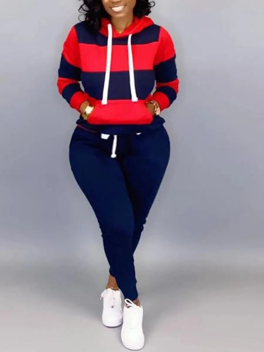 LW Plus Size Striped Drawstring Tracksuit Set Autumn