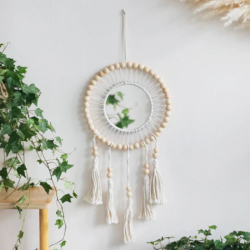 Macrame Wall Mirror Wooden Beads Decorative Mirrors Boho