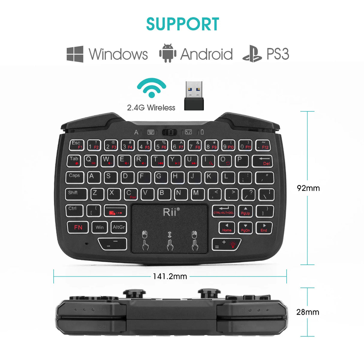 Rii RK707 2.4GHz Wireless Portable Game Controller Keyboard