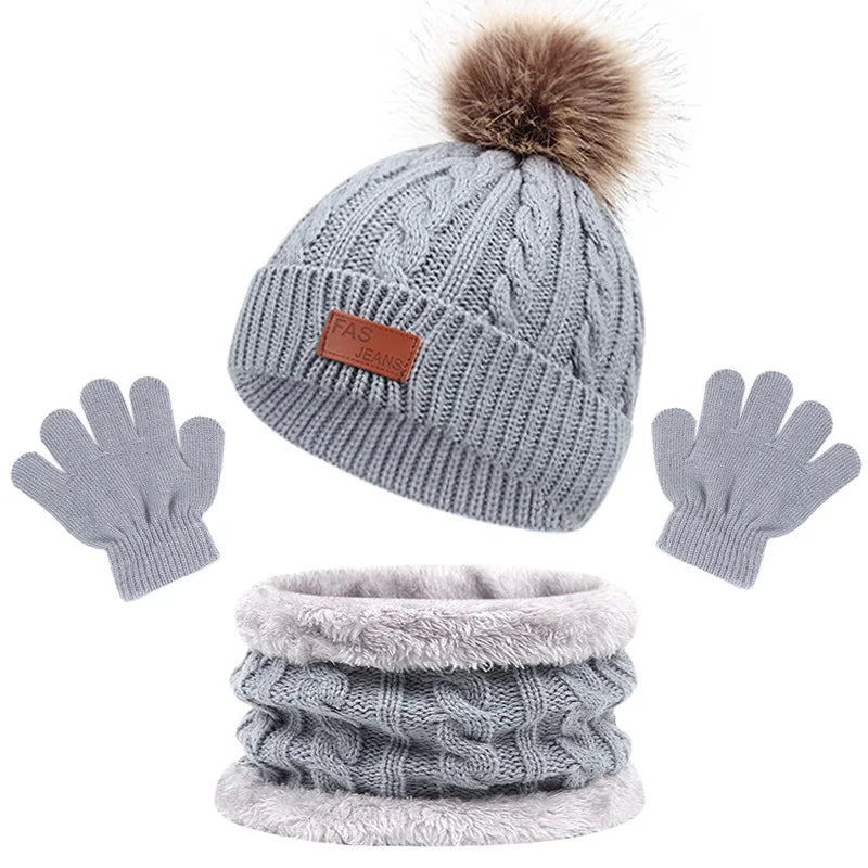 Baby Winter Hat Scarf Gloves Set Knitted Fur