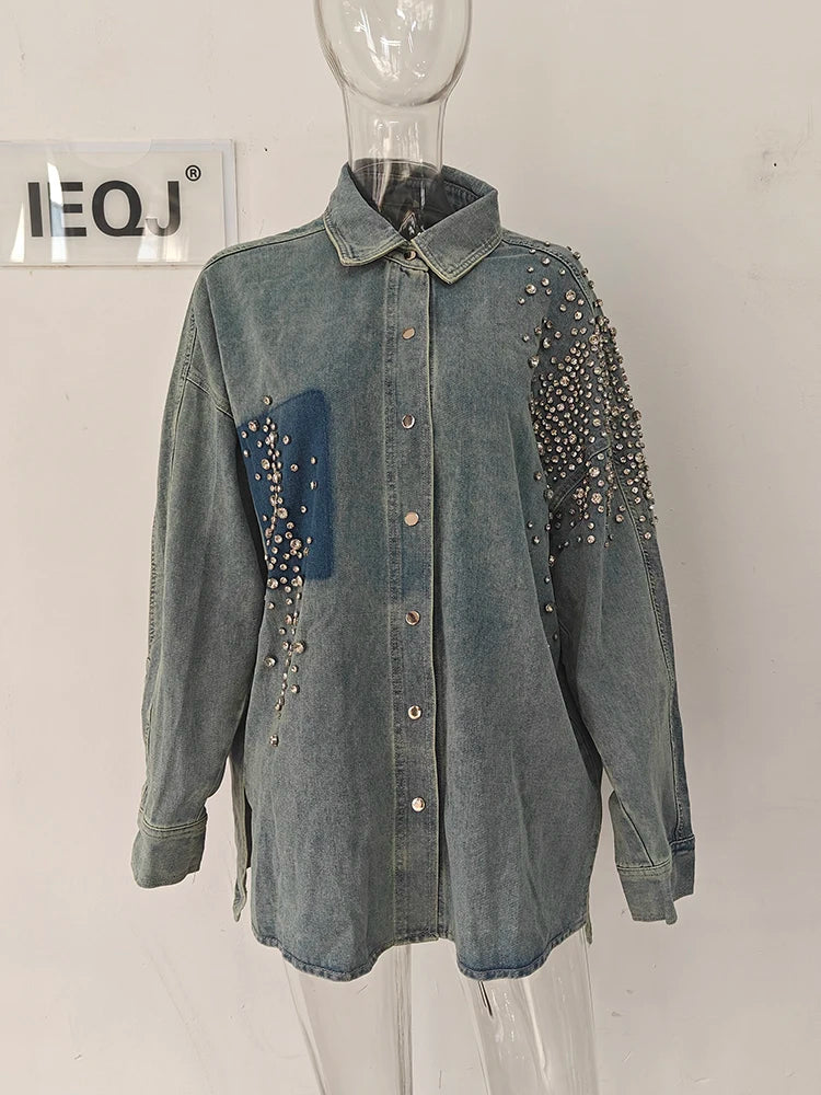IEQJ Diamonds Patchwork Denim Jackets For Women Lapel
