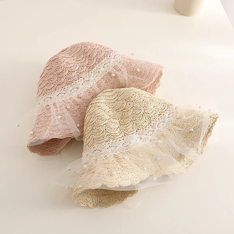 Kids Girls Straw Hat Handbag Set Wide Brim Lace Bow Sun Protection Cap Summer Beach Bucket Cap Portable Handbag панама Gorras