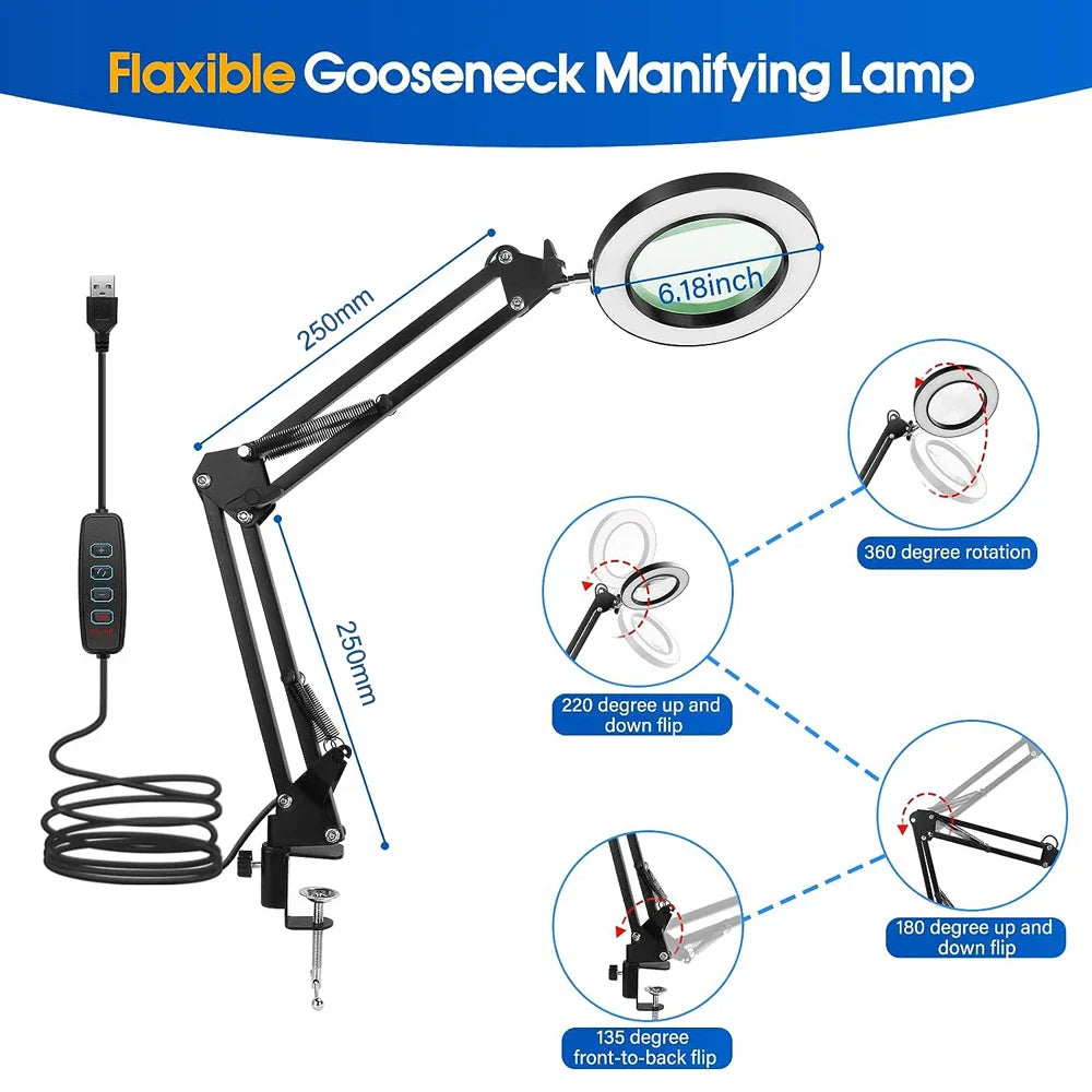 8x Magnifier Glass Swing Arm Flexible Clamp-on Table