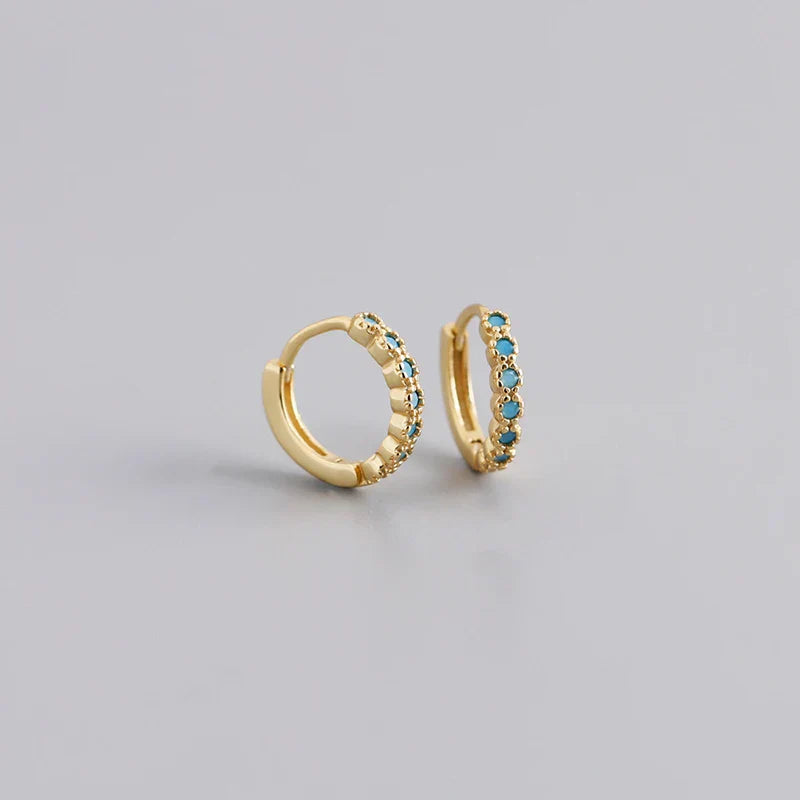 WANTME 925 Sterling Silver Bohemian Pavé Turquoise Piercing Ear Clasp for Women Fashion Statement Huggies Hoop Earrings Jewelry