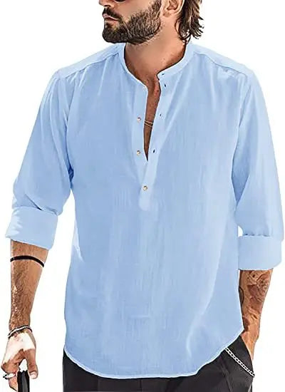 Casual Men's Fashion Stand Collar Cotton Linen Loose