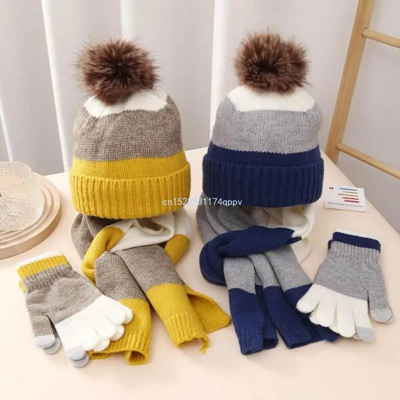Kids Hat Scarf & Gloves Set Winter Pom