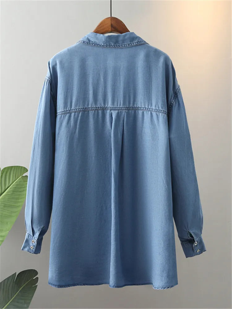 Plus Size Women's Clothing Blouses&Shirt Spring And Autumn Denim Shirt Long-Sleeved Lapel Shirt Thin Soft Basic Shirts Oversize