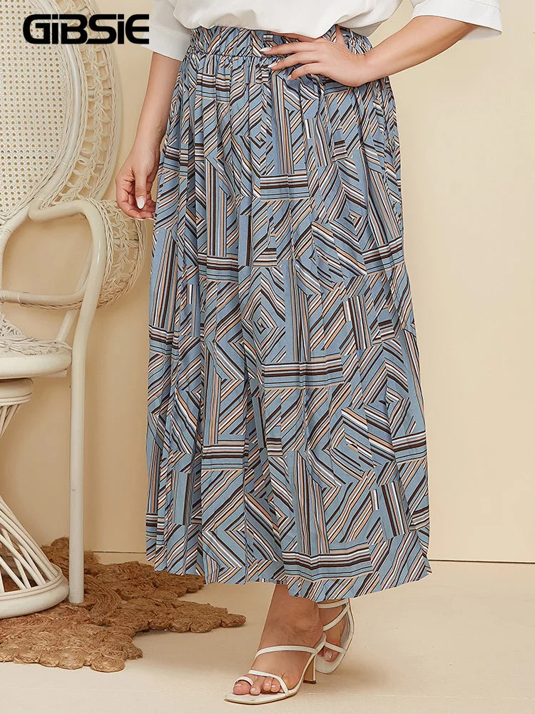 GIBSIE Plus Size Geometric Print Pleated Maxi Long