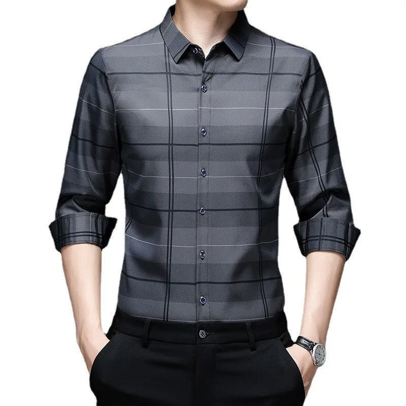 Spring Autumn Plaid Polo Shirt Men's Long Sleeve
