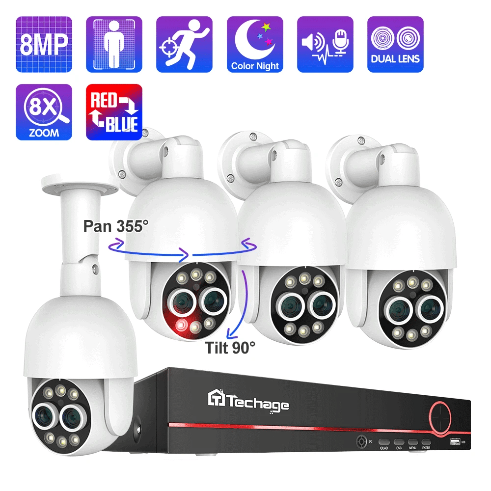 Techage 8CH PTZ 8MP Dual Lens PoE Security