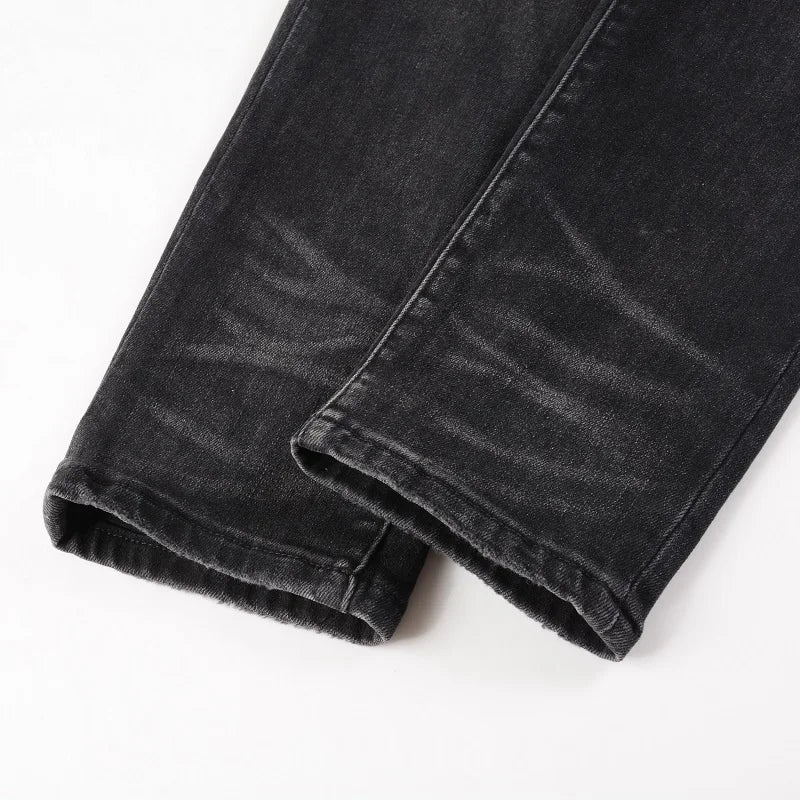 Men Cracked Leather Patch Biker Jeans Streetwear Pleated
