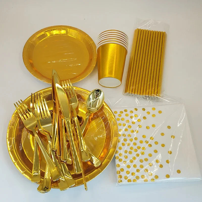 Disposable Cutlery Kraft Paper Plates Golden Cup Tableware