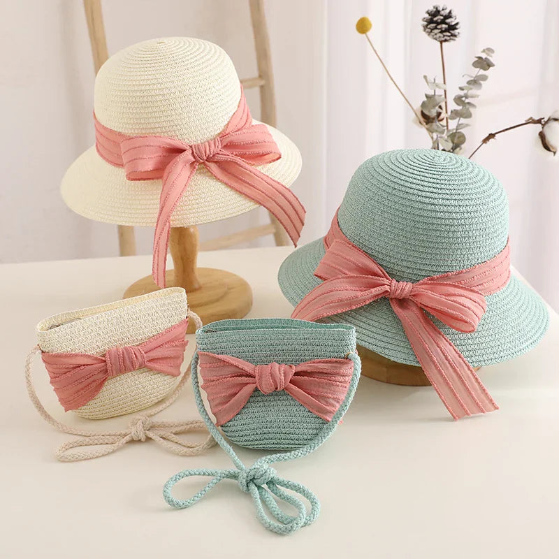 Kids Girls Straw Hat Handbag Set Wide Brim Lace Bow Sun Protection Cap Summer Beach Bucket Cap Portable Handbag панама Gorras