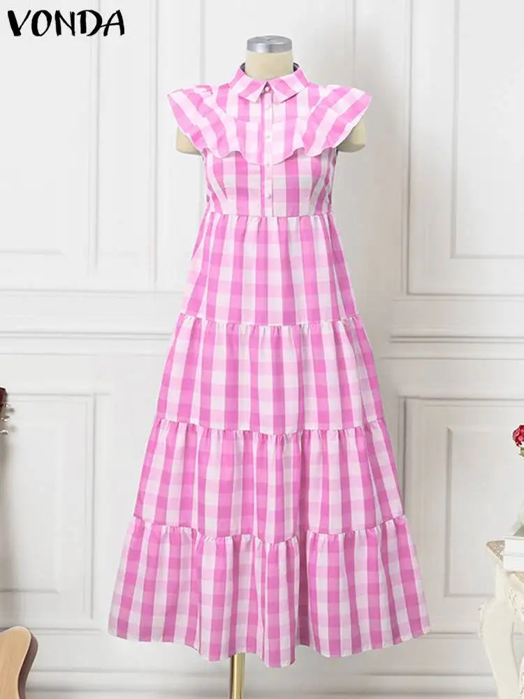 Plus Size VONDA Summer Women Bohemian Plaid Dress
